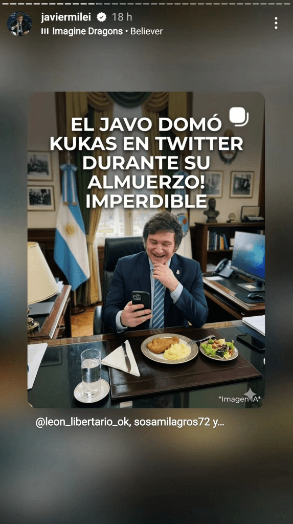 The Instagram story from Milei's verified account. Note the "Imagen IA" watermark on the lower right of the photo.