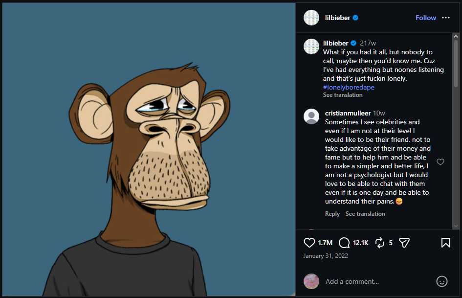 Justin Bieber acquired Bored Ape Yacht Club NFT #3001 for 500 ETH